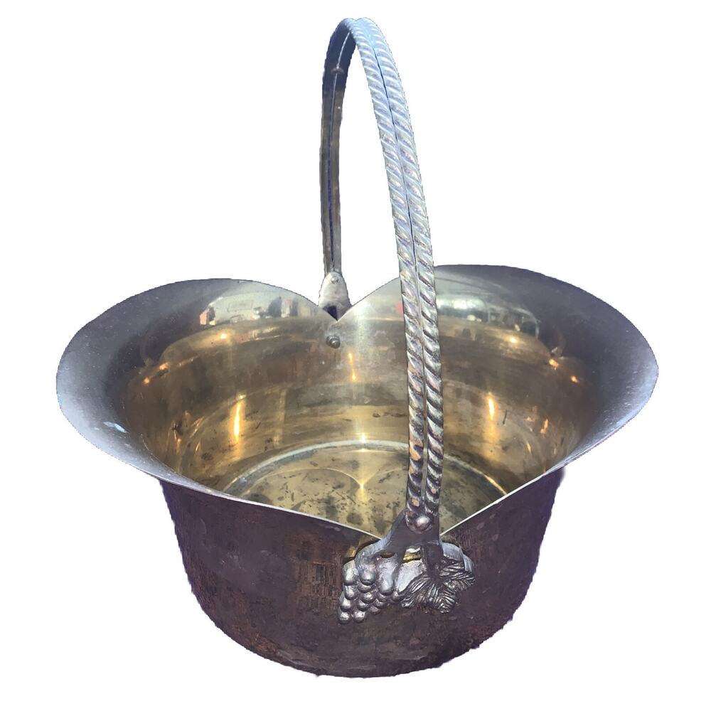 Large Vintage Scoop Side Solid BRASS Basket With Handle & Untouched Patina
